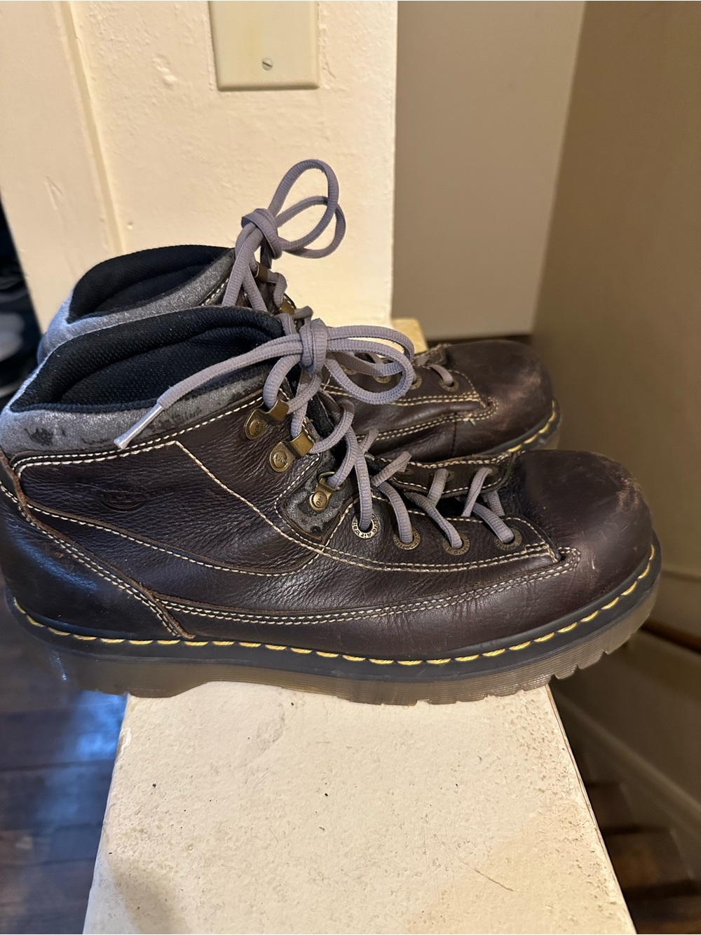 Dr. Martens Brown Leather Lace-Up Boots with Yellow Stitching